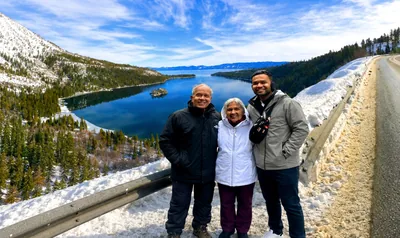 Family group posing at a Lake Tahoe ski resort in...
