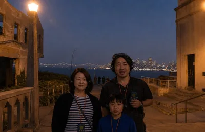Family on Alcatraz night audio tour with San Franc...