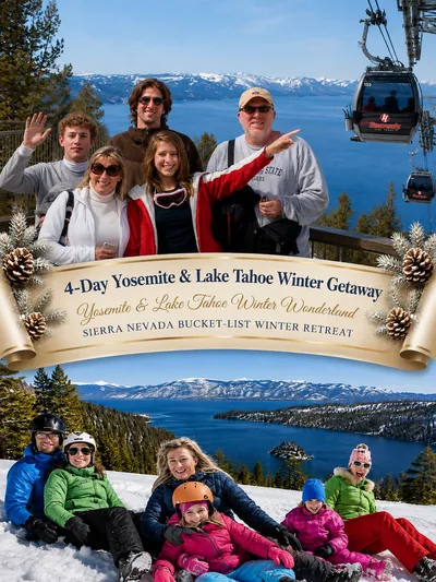 Family winter getaway collage of Yosemite and Lake...