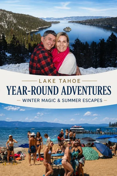 Pareja abrazada en Emerald Bay nevado con escena d...