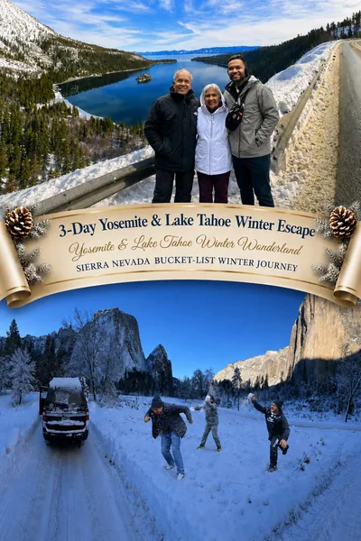 Couple overlooking Yosemite Valley in winter and L...