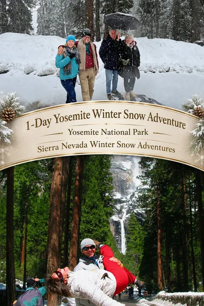 Family posing in colorful winter gear at a snowy s...